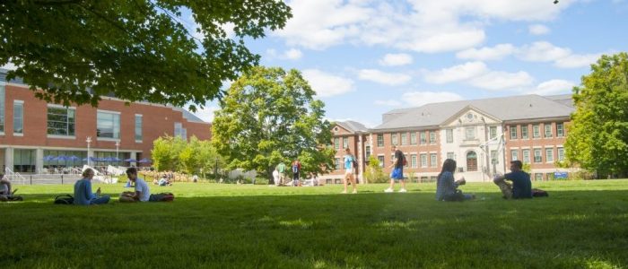 lawn140829c003 Students walking across the Student Union Mall with the Castleman (Engineering) Building in the background on Aug. 29, 2014. (Sean Flynn/UConn Photo)